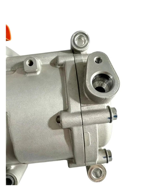 Close-up view of heavy duty EV electric air conditioning compressor DC 200 to 500V with detailed connectors and fittings.