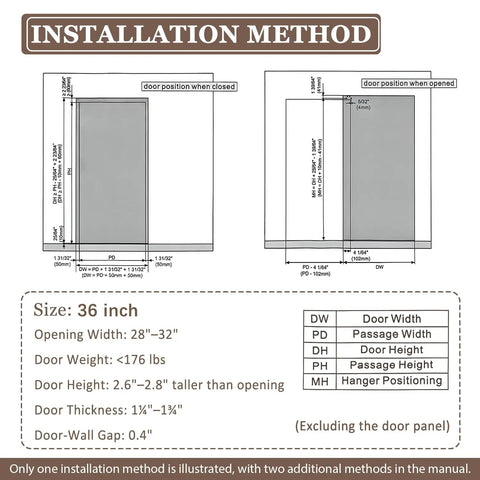 Installation method diagram for 36 inch concealed barn door hardware kit showing sizes and openings, without floor track needed.