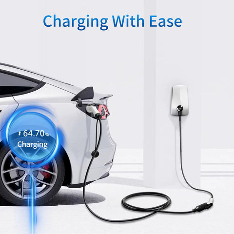 Keep Your Electric Ride Rolling Smooth With This Badass J1772 Ev Extension Cord, 32 Amp Level One And Two Compatible, Stretched Twenty One Feet For Garage Or Street Charging, EV charging process with cord.