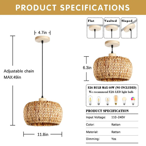 Score Some Major Farmhouse Vibes With This Hand-Woven Rattan Pendant Light Featuring A Fresh 12 Inch Wicker Shade Perfect For Killing It On Your Kitchen Island With Top Shelf Lighting Style. Dimensions and specifications of adjustable pendant lamp.