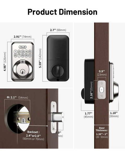 Product dimensions and components of Smart Fingerprint Door Lock With Keyless Entry And 20 Biometric Fingerprints For Quick Access No Key Fumbles Auto Anti Peeping Password And User Codes IP54 Waterproof Easy Install And Fast Unlock For Your Home.