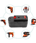 Two Pack 18V Replacement Battery For HPB18 Series That Hooks Up With Black And Decker And Firestorm Cordless Tools with tool icons