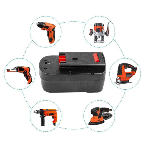 Two Pack 18V Replacement Battery For HPB18 Series That Hooks Up With Black And Decker And Firestorm Cordless Tools with tool icons