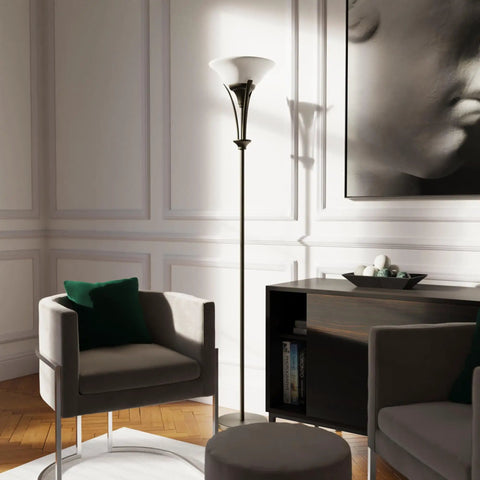 71 Inch Dark Bronze Floor Lamp With Alabaster Glass Shade, Rustic Modern Style Adjacent to Armchair in Living Room