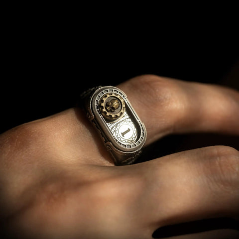Straight Up Premium Warhammer 40K Adeptus Mechanicus Cipher Of The Machine God Ring For Men on hand, showing gold and silver detail.