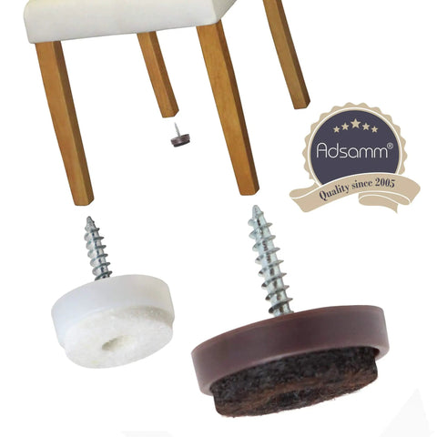 Premium Heavy Duty Felt Furniture Glides With Metal Screws Brown Round Chair Leg Protectors 40mm Diameter Set Of 32 shown on chair legs.