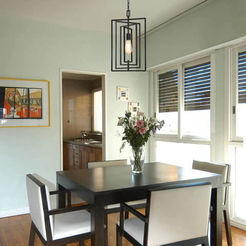 Black Geometric Pendant Lighting For Kitchen Island And Foyer, Adjustable Frame Chandelier in dining room, modern farmhouse style.