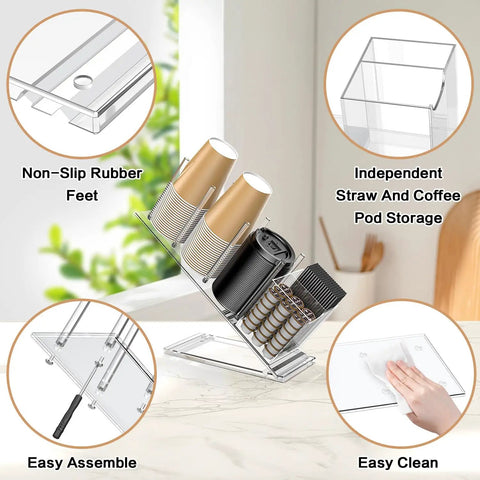 Clear Acrylic Cup And Lid Holder With Straw Organizer Adjustable Five Compartment Cup Dispenser For Disposable Paper And Plastic Cups The No Fuss Countertop Organizer For Your Home Kitchen on display illustrating features