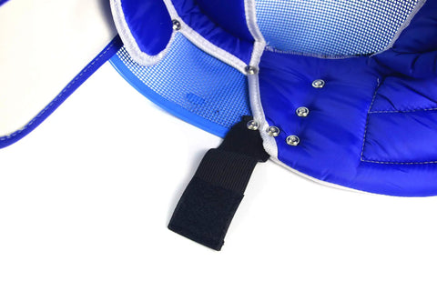Interior view of the Fencing Foil Mask Helmet CE 350N Certified with blue padding, waterproof lining, and chin strap