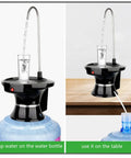 5 Gallon Water Dispenser Pump With Tray, USB Rechargeable, BPA Free, on water jug and table, hands free operation, low noise