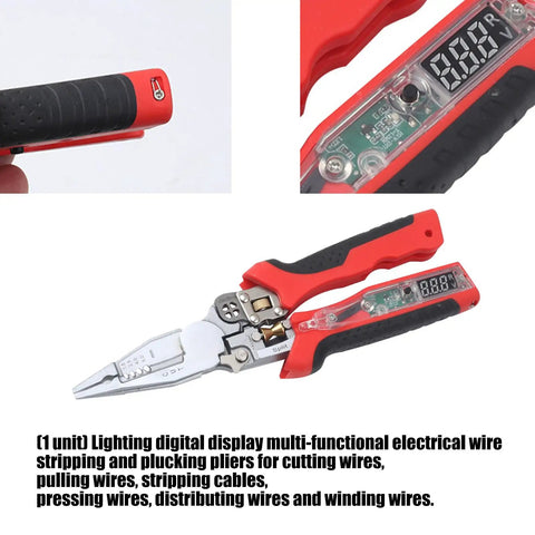 Rugged Pliers Cable Stripper And Wire Cutter With Built In Voltage Tester LED Work Light Digital Multimeter Compatible Ergonomic Handle