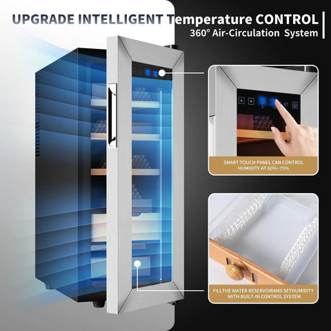 Beast 35L Temperature Humidity Control Cabinet with Humidification, showing smart touch panel and Spanish cedar shelves with hygrometer