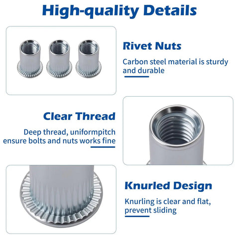 Rivet Nut Tool Kit 430 PCS Metric Rivnuts M3 M4 M5 M6 M8 With Rivet Nut Gun Weatherproof Carbon Steel, showing threaded rivet nuts