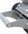 Get Rid Of The Back Pain With This Heavy Duty Electric Trailer Dolly handle detail, robust design, gray metal, used for ease of movement.