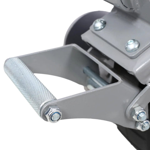 Get Rid Of The Back Pain With This Heavy Duty Electric Trailer Dolly handle detail, robust design, gray metal, used for ease of movement.