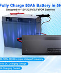 14.6V 10A LiFePO4 Battery Charger For 12V Lithium Battery, AC DC Smart Charger shown with 50Ah battery, blue highlight