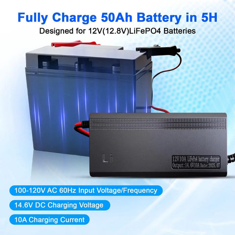 14.6V 10A LiFePO4 Battery Charger For 12V Lithium Battery, AC DC Smart Charger shown with 50Ah battery, blue highlight