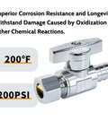Shiny premium lead-free brass PEX to compression valve with clamp, temperature and pressure resistance details
