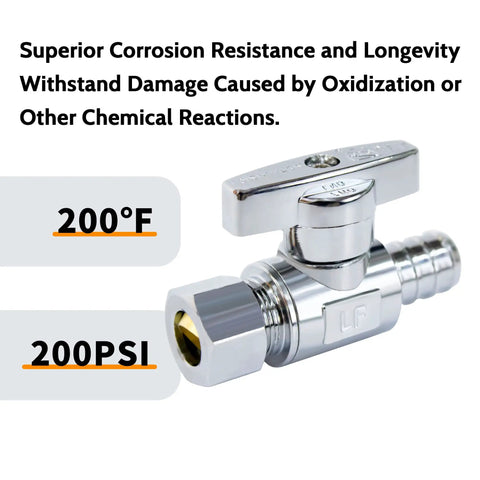 Shiny premium lead-free brass PEX to compression valve with clamp, temperature and pressure resistance details