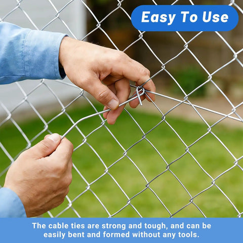 Person installing Heavy Duty Aluminum Chain Link Fence Ties 11 Gauge 8.27 Inch 30 Packs Rust Resistant Repair Clips for Chain Link Fences