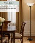 Bronze 72 Inch Torchiere Floor Lamp With Glass Shade beside dining table, frosted white dome shade, ideal corner lighting
