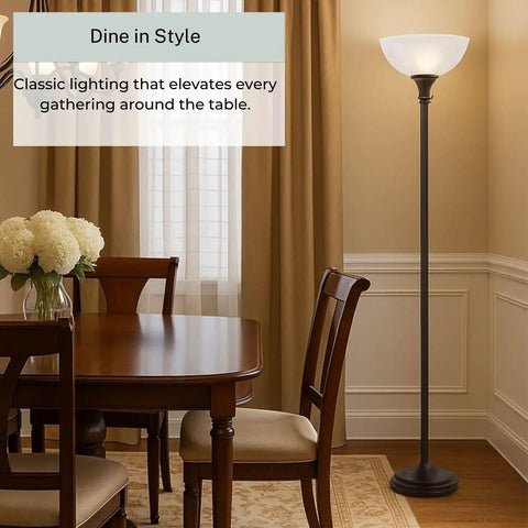 Bronze 72 Inch Torchiere Floor Lamp With Glass Shade beside dining table, frosted white dome shade, ideal corner lighting
