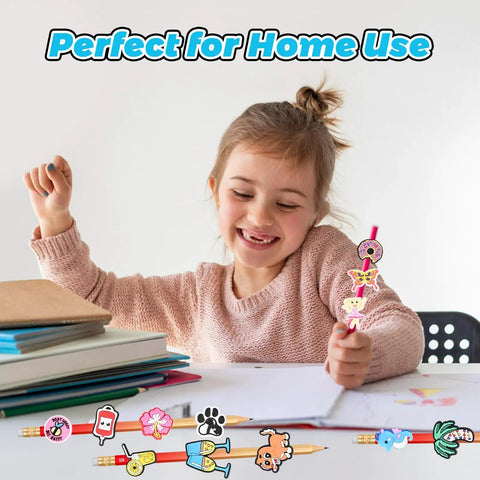 Child using 200 Pack Pencil Toppers and Charms Set, Assorted Colorful Designs for Classroom Rewards; no duplicate styles
