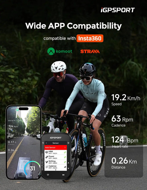 Two cyclists using Route Nav GPS Bike Computer With 2.4 Inch Screen, Wireless Bluetooth ANT Plus, IPX7 Waterproof for navigation.