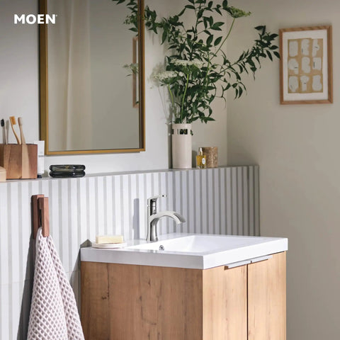 Karis Spot Resist Brushed Nickel One-Handle Single Hole Bathroom Sink Faucet With Optional Deck Plate For Clean Look And Easy Install In Any Modern Bathroom 84346SRN in modern bathroom setting