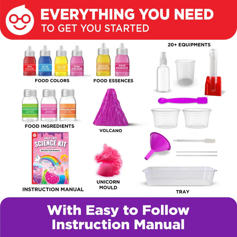 Girls Science Kit For Ages Four To Eight With Over 50 Experiments STEM Toy For Learning And Discovery Easter And Birthday Gift Idea Educational Projects That Spark Problem Solving with food colors, volcano mold, and tools