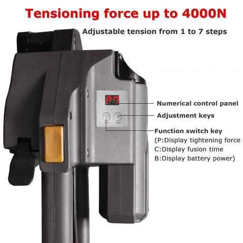 Heavy Duty Badass Automatic Electric Strapping Machine With Dual 5000 Mah Batteries control panel with adjustment keys for packaging.