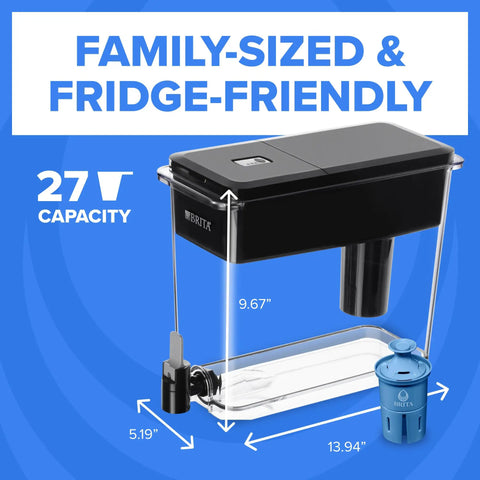 27 Cup Water Dispenser With Elite Filter For Real Hydration H2O NSF Certified shown with dimensions and filter