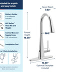 Moen Swyre Pulldown Kitchen Faucet, Chrome, 87508EW diagram showing installation features and measurements for easy setup.
