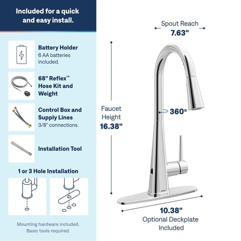 Moen Swyre Pulldown Kitchen Faucet, Chrome, 87508EW diagram showing installation features and measurements for easy setup.