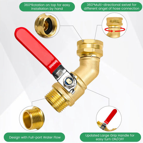 Heavy Duty Full Flow Ball Shut Off Valve With Long Handle In Thick Solid Brass Three Quarter Inch GHT Garden Hose Valve For Outdoor Faucets Lawn Irrigation Car Wash 360 Degree Swivel Anti Kink Design, brass hose valve with red handle