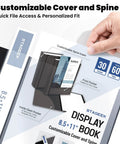 Hand holding customizable 30 Pocket Portfolio Binder With 60 Pages And 8.5x11 Size featuring cover and spine details.
