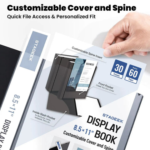 Hand holding customizable 30 Pocket Portfolio Binder With 60 Pages And 8.5x11 Size featuring cover and spine details.
