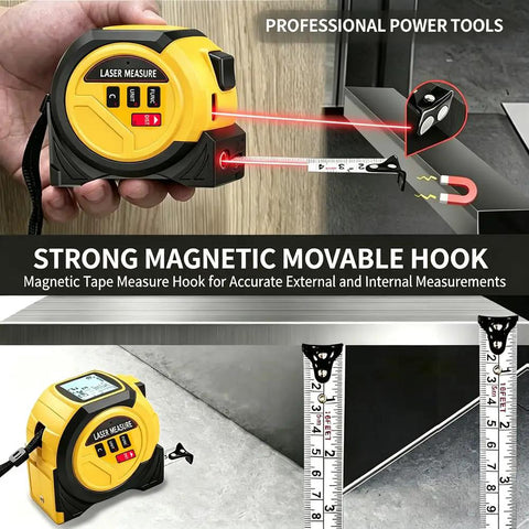3-in-1 Laser Tape Measure 40M/131FT Rangefinder with 16Ft Tape&Cross Line, showing magnetic hook for accurate measurements.