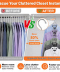 Heavy Duty Metal Hangers Six Pack Featuring Fifty Four Hooks For Massive Space Saving Closet Organization And College Dorm Essentials A Straight Up Dorm Room Game Changer Now comparison of cluttered closet vs organized setup with metal hangers.