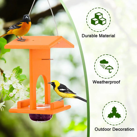 Orange Oriole Feeder For Outdoors Hanging All In One Recycled Plastic Bird Feeder With Removable Glass Cup, weatherproof design