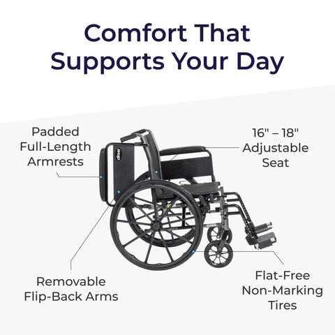 Cruiser Iii Lightweight Folding Wheelchair With Mag Wheels And 20 Inch Plush Seat Flip Back Arms Swing Away Footrests shown with adjustable seat and non-marking tires.