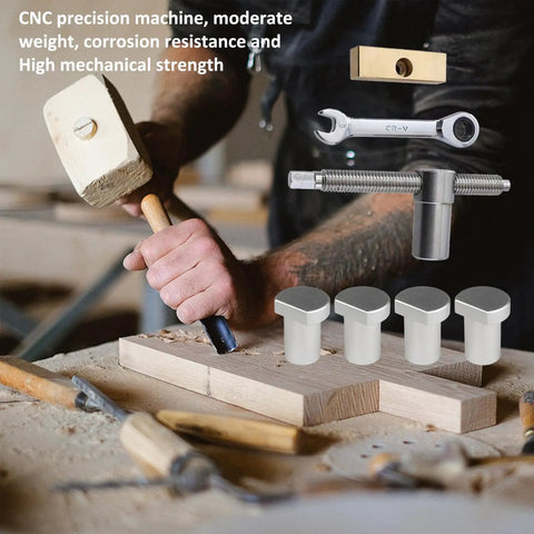 Two Pack Bench Dog Clamps With Four 20mm Bench Dogs For Woodworking Tables, Adjustable Desktop Clips And Fixture Vise Benches, Joinery Carpenter Tool Set For Solid 20mm Hole Benches. 20mm steel bench dogs and clamp on wood block