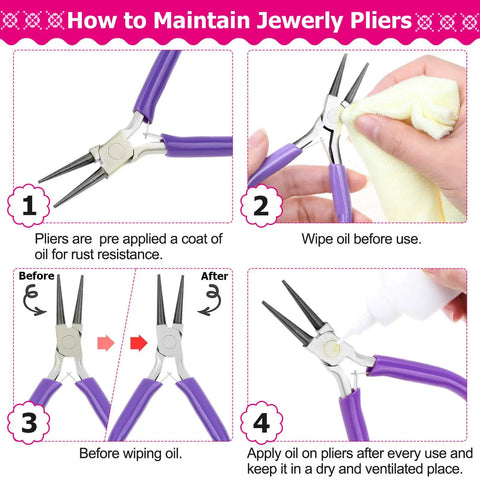 Guide on maintaining pliers from All In One Jewelry Repair Kit With 1520 Silver Jump Rings And 3 Pcs Pliers For Earrings Necklaces Rings And Bracelets Plus Tweezers And Jump Ring Opener For Quick Repairs And DIY Custom Jewelry Making.