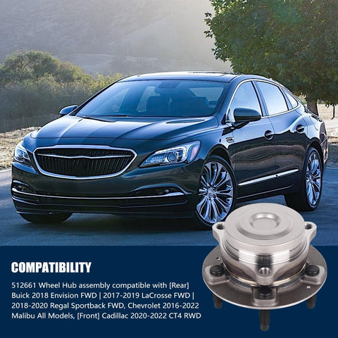 Front Or Rear Wheel Hub Bearing Assembly With ABS Go-To OEM-Grade Replacement Direct-Fit For Malibu Lacrosse Envision Regal Sportback And Cadillac CT4 5-Lug Hub Fits 2016-2022 Malibu 2017-2019 Lacrosse 2018 Envision 2018 Regal 2020-2022 CT4.