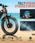 2026 Romeo Pro 3 Adult Electric Ebike With Dope Styling And Dual Motors That Kick 6000 Watts Of Raw Power Through A Heavy Duty Frame Loaded With 60 Volt 80 Ah Cells Sending You 250 Miles Smooth As Butter On Deep Blue Full Suspension Fat Tires showing upgraded hydraulic brakes on sandy beach.