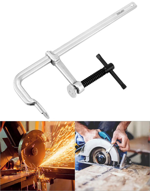 Heavy Duty 8 Inch F Clamp Four Pack With Drop Forged Bar Jaws Two And A Quarter Inch Throat Depth Corrosion Resistant Nickel Chrome Finish Rail Spindle And Handle Built For Pros 8in F clamp for metal cutting and saw work