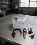No Sweat 3 Liter Machine Tool Coolant Sprayer With Easy Twist Flow Dial And Flexible Shaft with components on a steel table.