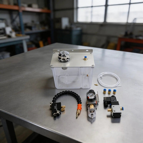 No Sweat 3 Liter Machine Tool Coolant Sprayer With Easy Twist Flow Dial And Flexible Shaft with components on a steel table.