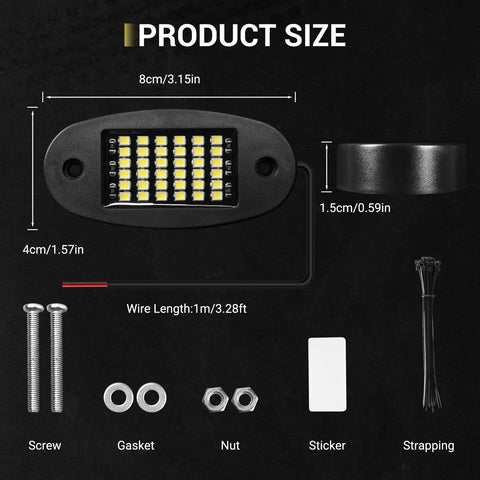 20 Pod White Rock Light Kit With 6000K Pure White LEDs component sizes and installation parts