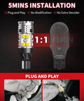 Ultra Bright 921 912 LED Back Up Light Bulbs, 3000Lm Per Set, 6000K Xenon White, illustration of plug and play installation, CANBUS Error Free
